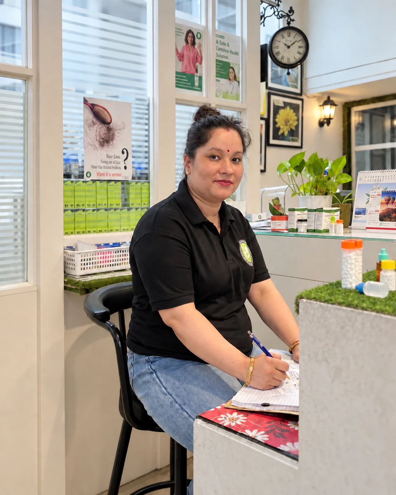 Allhomoeo reception staff member at the clinic counter