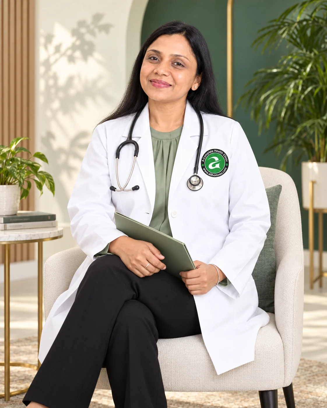 Dr. Aditi in a white clinic coat, seated in an ivory and green studio