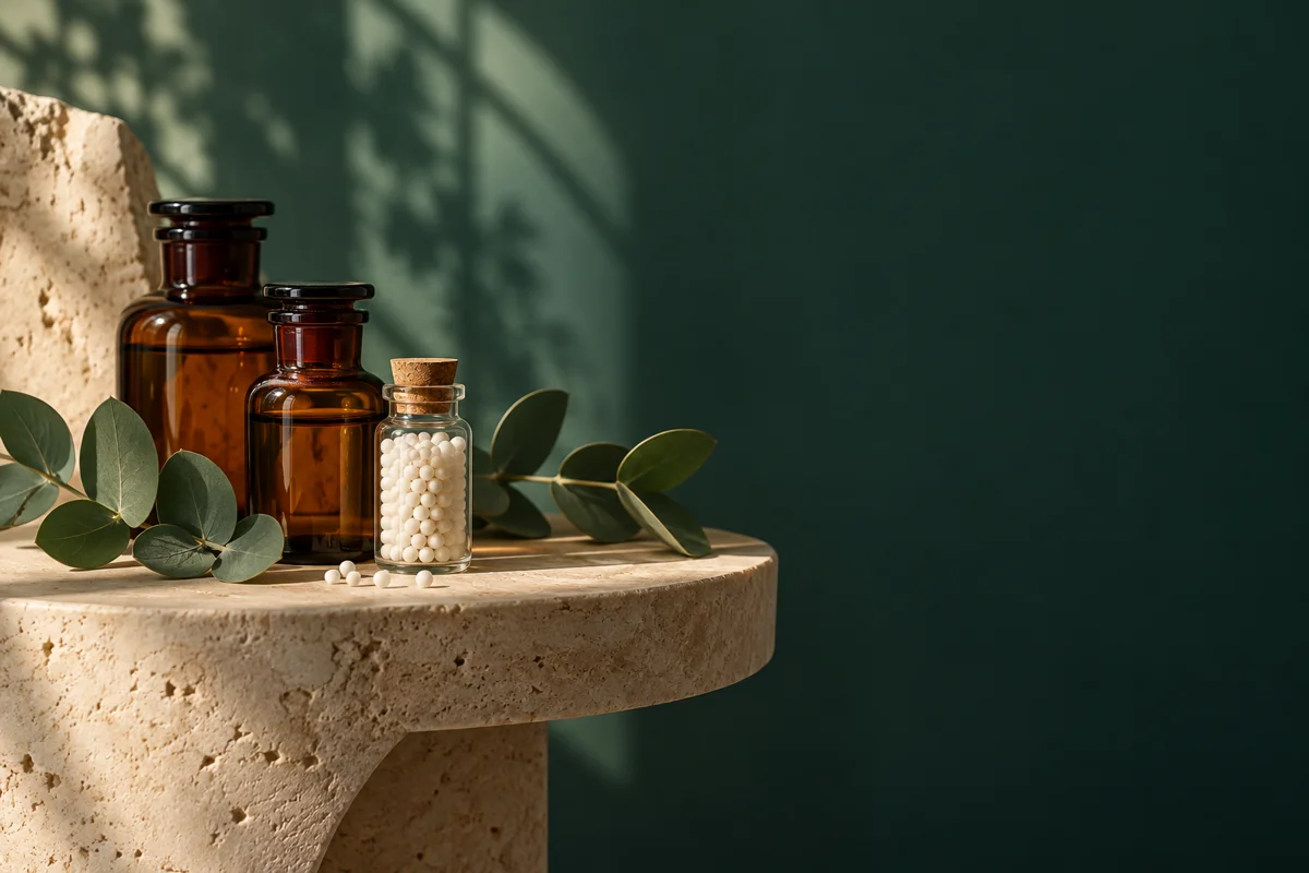 Amber glass bottles and homeopathic pellets — editorial still life